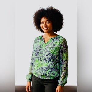 ☘️✨Liz Claiborne Women’s Green BlK/Boho Floral Paisley Chiffon Blouse L☘️✨